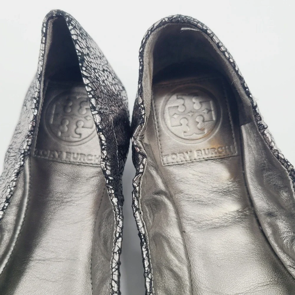 Tory Burch Crackle Leather Amelia Jeweled Crystal‎ Bow Round Toe Flats Size 7M